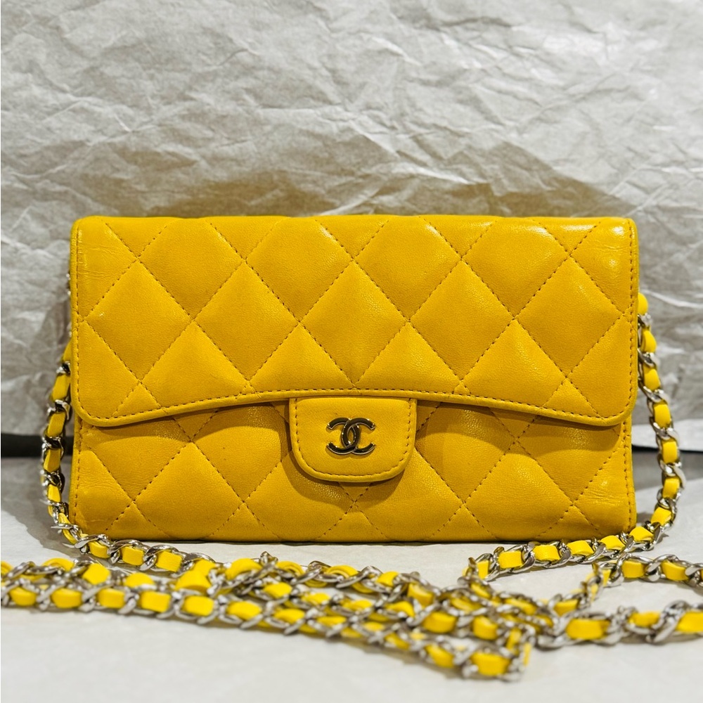 CHANEL Yellow Timeless/classique Long Quilted Wallet with Chain